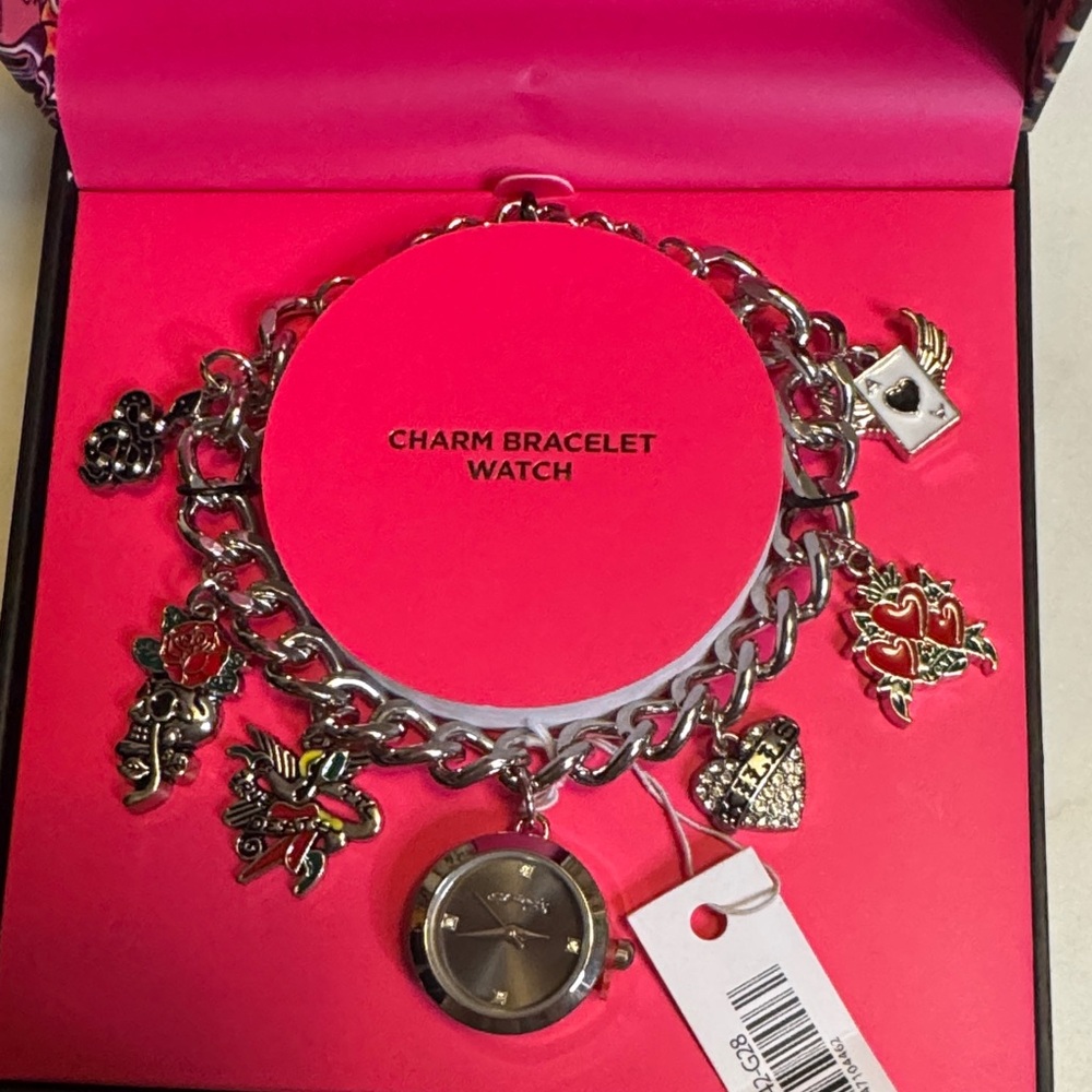 Ed Hardy Silver Charm Bracelet with Pink Accents
